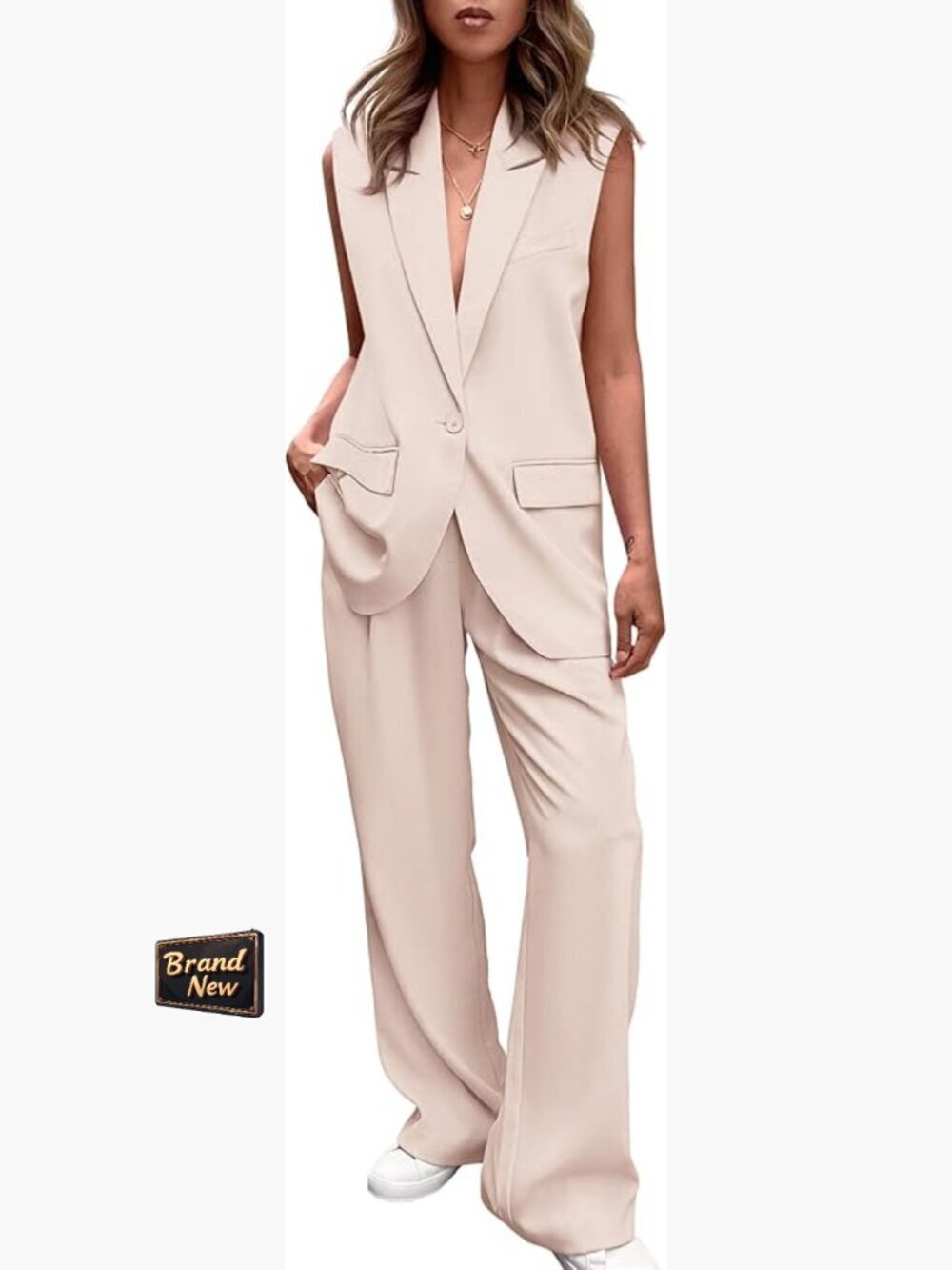 2 Piece Business Casual Blazer Set Womens Vest Wide Leg Pants Suit Pant Suit